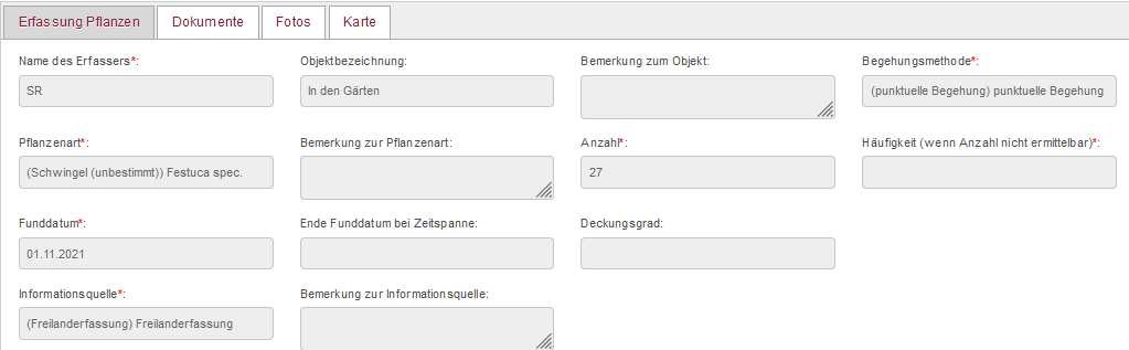 Bearbeitung Pflanzen, Reiter "Erfassung Pflanzen"