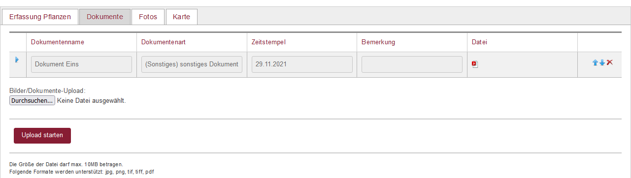 Bearbeitung Pflanzen, Reiter "Dokumente"