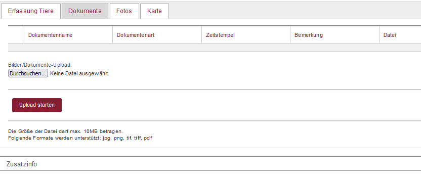 Bearbeitung Tiere, Reiter "Dokumente"