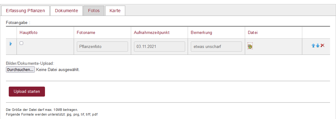 Bearbeitung Pflanzen, Reiter "Fotos"
